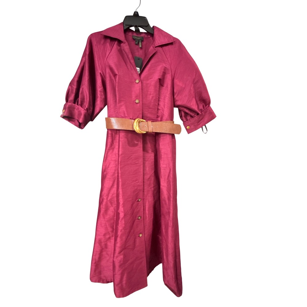 Donna Karan New York Berry Pink Dupioni Belted Midi Shirt Dress KA4L1182 Size 6